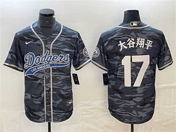 Mens Los Angeles Dodgers #17 Shohei Ohtani Gray Camo Cool Base With Patch Stitched Baseball Jersey